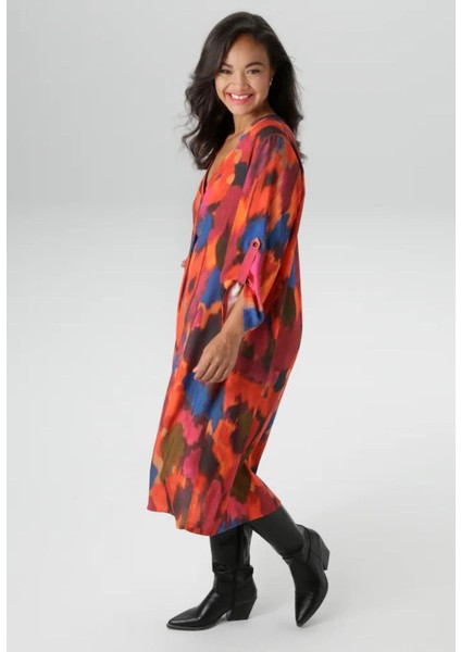Kadın Büyük Beden Renkli, V Yaka , Kıvrılabilir Truvakuar Kol, Viskon Elbise 65N39034 fiyatları