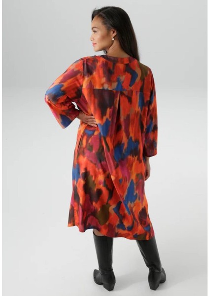 Kadın Büyük Beden Renkli, V Yaka , Kıvrılabilir Truvakuar Kol, Viskon Elbise 65N39034 modelleri