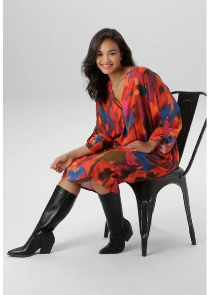 Kadın Büyük Beden Renkli, V Yaka , Kıvrılabilir Truvakuar Kol, Viskon Elbise 65N39034 indirimleri