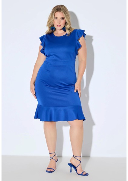 Kadın Büyük Beden Saks, Scuba Kumaş, Volanlı Kısa Kollu Elbise 65N39047