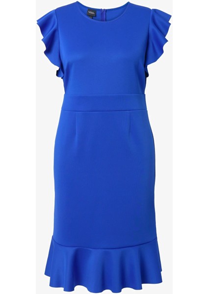 Kadın Büyük Beden Saks, Scuba Kumaş, Volanlı Kısa Kollu Elbise 65N39047 indirimleri