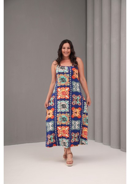 Kadın Büyük Beden Renkli, Çiçek Desenli Ip Askılı Viskon Elbise 65N39081