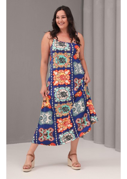Kadın Büyük Beden Renkli, Çiçek Desenli Ip Askılı Viskon Elbise 65N39081 fiyatları