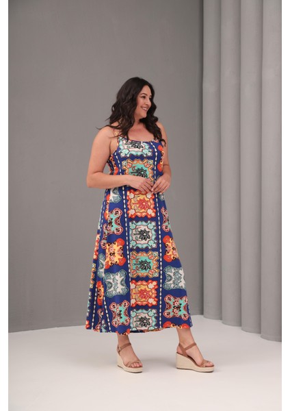 Kadın Büyük Beden Renkli, Çiçek Desenli Ip Askılı Viskon Elbise 65N39081 fırsatları