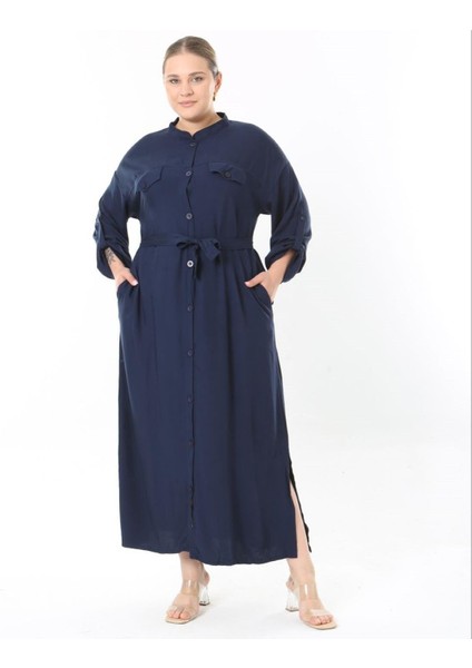 Kadın Büyük Beden Lacivert, Ön Boy Düğmeli, Ayarlanabilir Kol, Kuşaklı Uzun Elbise 65N38957