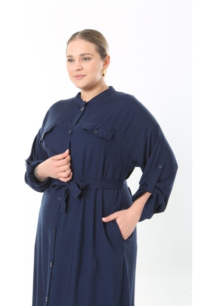 Kadın Büyük Beden Lacivert, Ön Boy Düğmeli, Ayarlanabilir Kol, Kuşaklı Uzun Elbise 65N38957 fiyatları