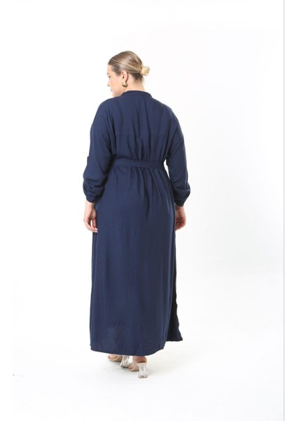 Kadın Büyük Beden Lacivert, Ön Boy Düğmeli, Ayarlanabilir Kol, Kuşaklı Uzun Elbise 65N38957 modelleri