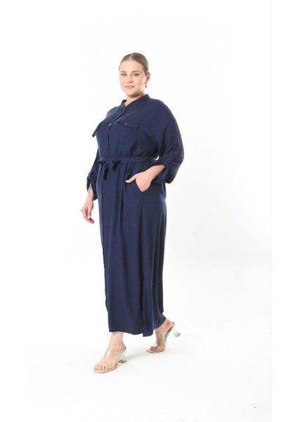 Kadın Büyük Beden Lacivert, Ön Boy Düğmeli, Ayarlanabilir Kol, Kuşaklı Uzun Elbise 65N38957 fırsatları