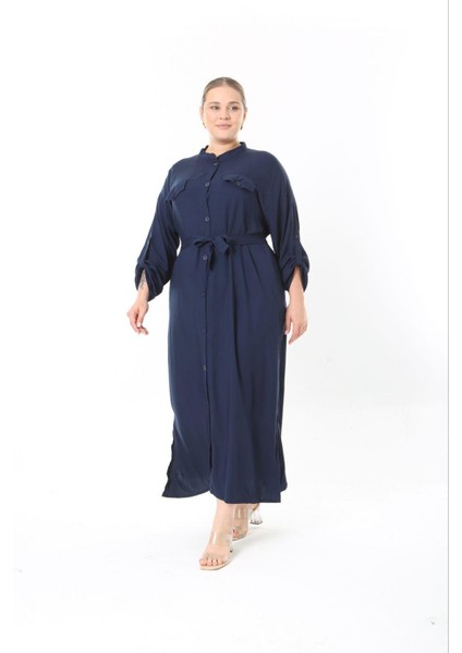 Kadın Büyük Beden Lacivert, Ön Boy Düğmeli, Ayarlanabilir Kol, Kuşaklı Uzun Elbise 65N38957 indirimleri