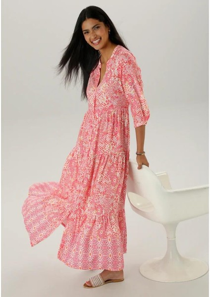 Kadın Büyük Beden Pembe, Ön Boy Düğmeli ,truvakar Kol Bohem Elbise 65N38962 modelleri