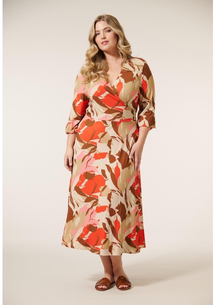 Kadın Büyük Beden Renkli, Desenli Viskon Kumaş Anvelop Elbise 65N38967