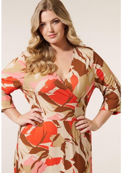 Kadın Büyük Beden Renkli, Desenli Viskon Kumaş Anvelop Elbise 65N38967 modelleri