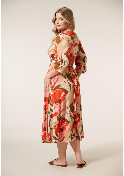 Kadın Büyük Beden Renkli, Desenli Viskon Kumaş Anvelop Elbise 65N38967 fırsatları