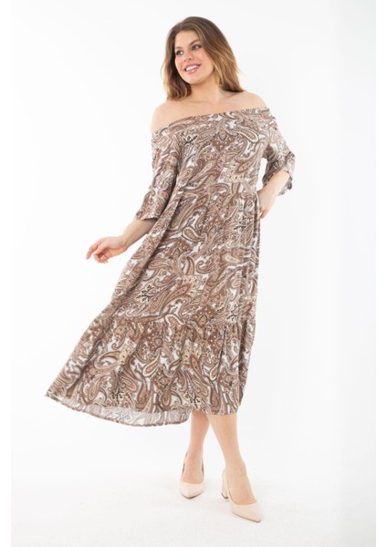 Kadın Büyük Beden Renkli Yaka Lastikli Dokuma Viskon Kumaş Katlı Elbise 65N37349 fırsatları