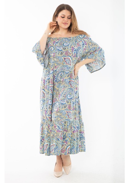 Kadın Büyük Beden Renkli Yaka Lastikli Dokuma Viskon Kumaş Katlı Elbise 65N37349 indirimleri