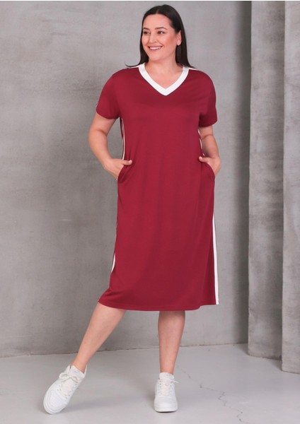 Kadın Büyük Beden Bordo-Beyaz, V Yaka, Biye Detaylı Cepli Midi Elbise 65N39083