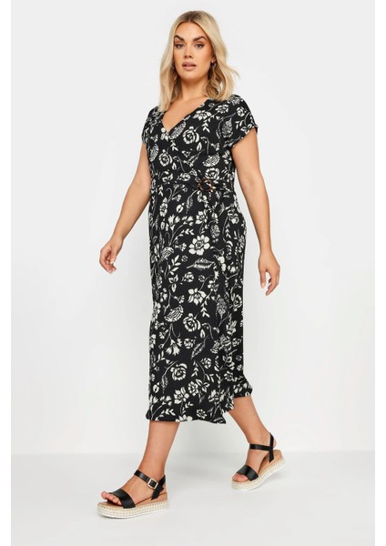 Kadın Büyük Beden Siyah, Anvelop Yakalı, Bel Tokalı , Çiçek Desenli Elbise 65N39008 fiyatları