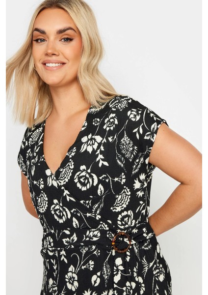 Kadın Büyük Beden Siyah, Anvelop Yakalı, Bel Tokalı , Çiçek Desenli Elbise 65N39008 fırsatları