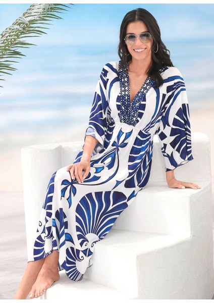 Kadın Büyük Beden Beyaz Mavi, Pul Işlemeli V Yaka, Bel Lastikli, Yarasa Kol Elbise 65N39015