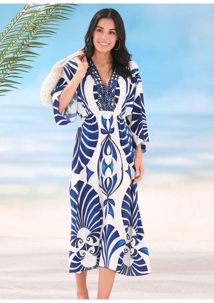 Kadın Büyük Beden Beyaz Mavi, Pul Işlemeli V Yaka, Bel Lastikli, Yarasa Kol Elbise 65N39015 fiyatları
