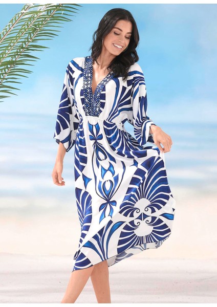 Kadın Büyük Beden Beyaz Mavi, Pul Işlemeli V Yaka, Bel Lastikli, Yarasa Kol Elbise 65N39015 modelleri