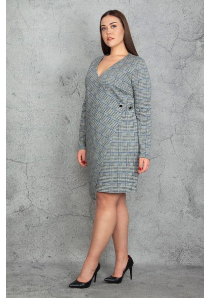 Kadın Büyük Beden Gri Ekose Desenli Bel Detaylı Anvelop Astarlı Elbise 65N37446 modelleri