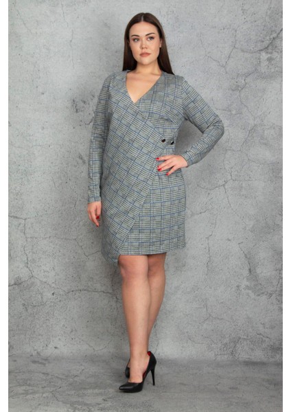 Kadın Büyük Beden Gri Ekose Desenli Bel Detaylı Anvelop Astarlı Elbise 65N37446 fırsatları