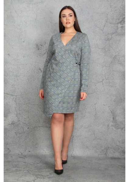 Kadın Büyük Beden Gri Ekose Desenli Bel Detaylı Anvelop Astarlı Elbise 65N37446 indirimleri
