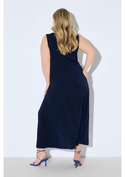 Kadın Büyük Beden Lacivert, Drapeli V Yaka, Jarse Kolsuz Uzun Elbise 65N38983 indirimleri