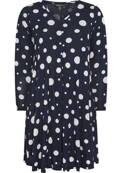 Kadın Büyük Beden Lacivert, Puantiye Desen, Ön Pile Detaylı, Uzun Kol Viskon Elbise 65N39002 modelleri