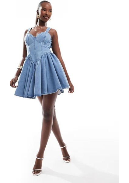 Kadın Büyük Beden Mavi, Fiyonk Detaylı Sırt, Yıkamalı Kot Elbise 65N38017