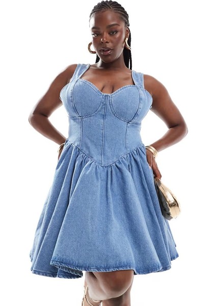 Kadın Büyük Beden Mavi, Fiyonk Detaylı Sırt, Yıkamalı Kot Elbise 65N38017 indirimleri