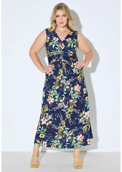 Kadın Büyük Beden Lacivert, Drapeli V Yaka, Çiçek Desenli Elbise 65N38982