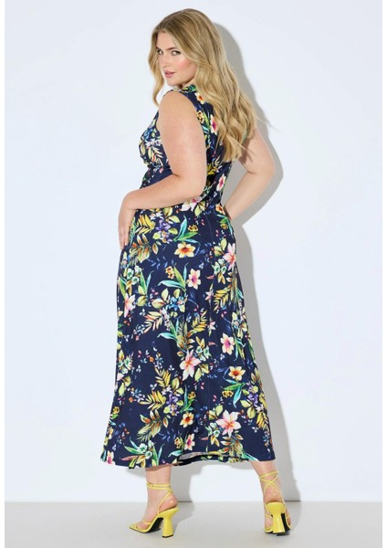 Kadın Büyük Beden Lacivert, Drapeli V Yaka, Çiçek Desenli Elbise 65N38982 fiyatları