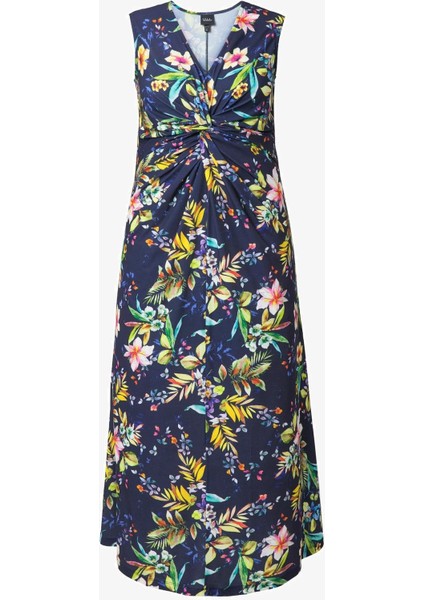 Kadın Büyük Beden Lacivert, Drapeli V Yaka, Çiçek Desenli Elbise 65N38982 modelleri