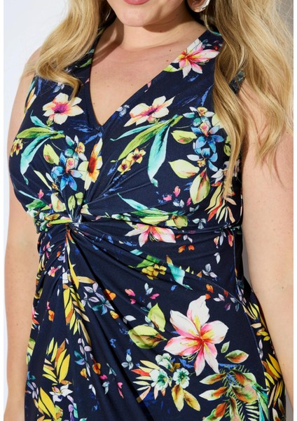 Kadın Büyük Beden Lacivert, Drapeli V Yaka, Çiçek Desenli Elbise 65N38982 indirimleri