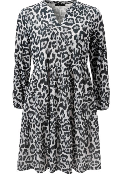 Kadın Büyük Beden Gri, Leopar Desenli, V Yaka , Uzun Kol Elbise 65N38989 fiyatları