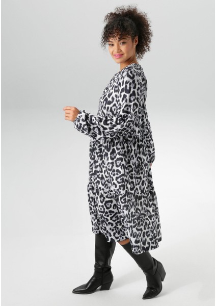 Kadın Büyük Beden Gri, Leopar Desenli, V Yaka , Uzun Kol Elbise 65N38989 fırsatları