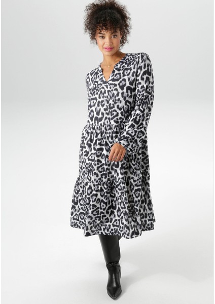 Kadın Büyük Beden Gri, Leopar Desenli, V Yaka , Uzun Kol Elbise 65N38989 indirimleri