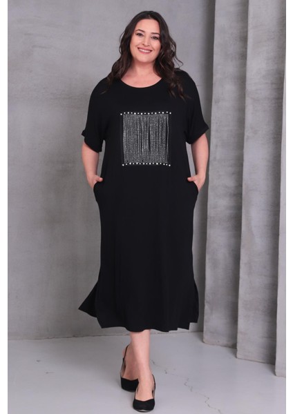 Kadın Büyük Beden Siyah, Inci ve Taş Işli, Bisiklet Yaka, Cepli Viskon Elbise 65N39076