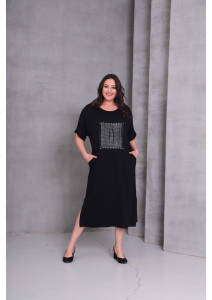 Kadın Büyük Beden Siyah, Inci ve Taş Işli, Bisiklet Yaka, Cepli Viskon Elbise 65N39076 fiyatları