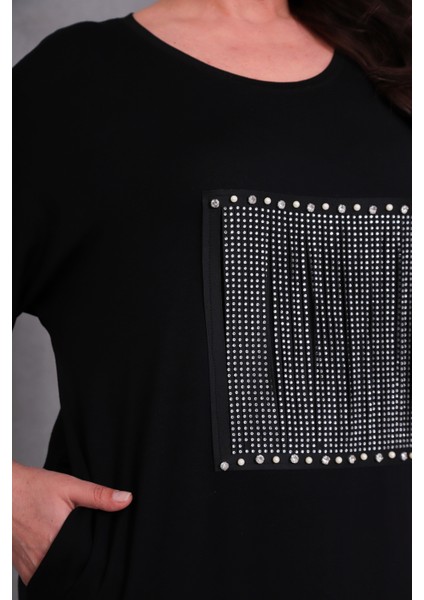 Kadın Büyük Beden Siyah, Inci ve Taş Işli, Bisiklet Yaka, Cepli Viskon Elbise 65N39076 indirimleri