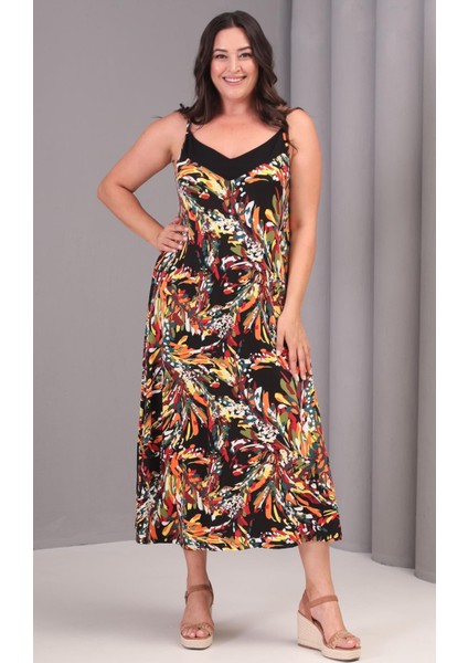 Kadın Büyük Beden Renkli, Roba Garni Detaylı, Desenli, Ip Askılı Uzun Elbise 65N39080