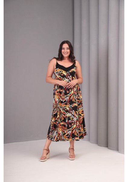 Kadın Büyük Beden Renkli, Roba Garni Detaylı, Desenli, Ip Askılı Uzun Elbise 65N39080 fiyatları