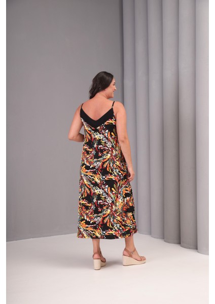 Kadın Büyük Beden Renkli, Roba Garni Detaylı, Desenli, Ip Askılı Uzun Elbise 65N39080 modelleri