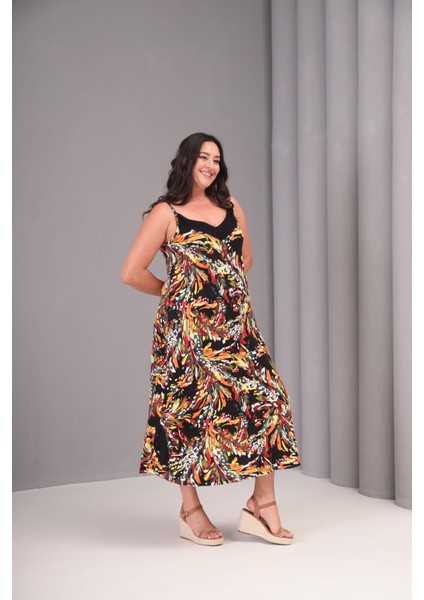 Kadın Büyük Beden Renkli, Roba Garni Detaylı, Desenli, Ip Askılı Uzun Elbise 65N39080 fırsatları