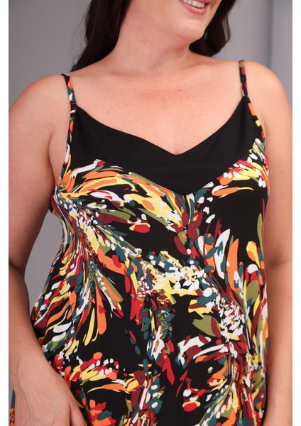 Kadın Büyük Beden Renkli, Roba Garni Detaylı, Desenli, Ip Askılı Uzun Elbise 65N39080 indirimleri