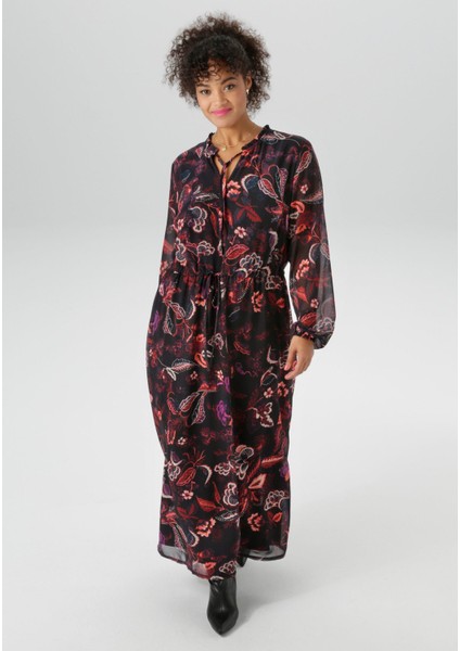 Kadın Büyük Beden Siyah, Çiçek Desenli, Belden Bağcıklı Astarlı Şifon Elbise 65N39026