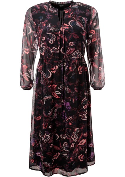 Kadın Büyük Beden Siyah, Çiçek Desenli, Belden Bağcıklı Astarlı Şifon Elbise 65N39026 fırsatları