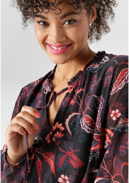 Kadın Büyük Beden Siyah, Çiçek Desenli, Belden Bağcıklı Astarlı Şifon Elbise 65N39026 indirimleri